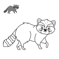 Coloring book for children. Forest animals. Cartoon cute raccoon.
