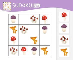 Sudoku game for children with pictures. Kids activity sheet.  Cartoon mushrooms.