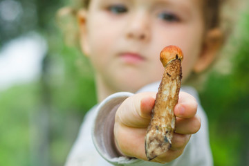 child with mushrooms. August, September, mushroom season, harvest. soft focus