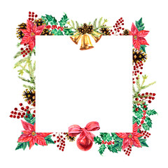 Watercolor Christmas wreath with holly, poinsettia, fir cones, red berries, fir branches and baubles