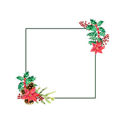 Watercolor Christmas wreath with holly, poinsettia, fir cones, red berries, fir branches
