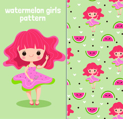 vector and pattern of girl in watermelon costume dress and hearts on green background