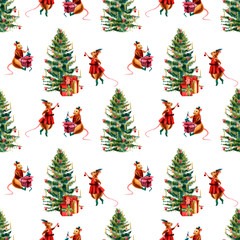 Watercolor Christmas seamless pattern with Christmas tree and pretty mouses