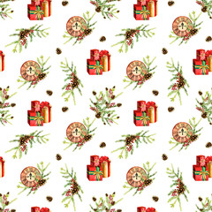 Watercolor Christmas seamless pattern with Christmas clocks