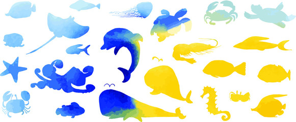 Collection of underwater life ink doodles  with watercolor texture. Sea animals and fish. Vector stock set. Cute icons. Can be used for printed materials. Ocean background. Hand drawn design elements.