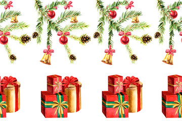 Watercolor Christmas seamless pattern with fir brunches and gift-boxes