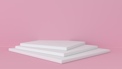 Pink studio and pedestal background. Platform for beauty products display. Realistic mock up in modern minimal design. 3d illustration, 3d rendering.