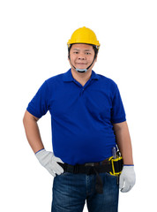 construction man workers in blue shirt with Protective gloves, helmet with tool belt isolated on white