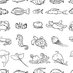 Seamless pattern of underwater life ink doodles. Sea animals and fish. Vector stock set. Cute icons. For printed materials. Ocean background. Hand drawn design elements.