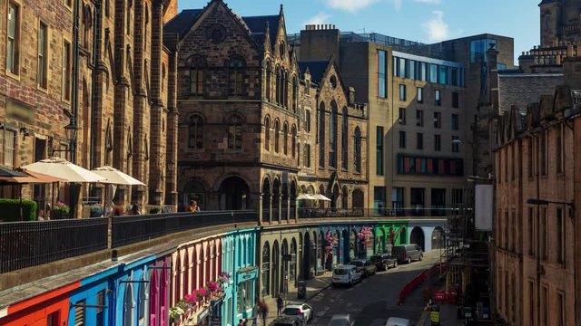 Time lapse view of colourful Victoria street in Edinburgh old town