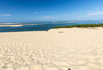 People on the Dune of Pilat, the tallest sand dune in Europe. La Teste-de-Buch, Arcachon Bay, Aquitaine, France