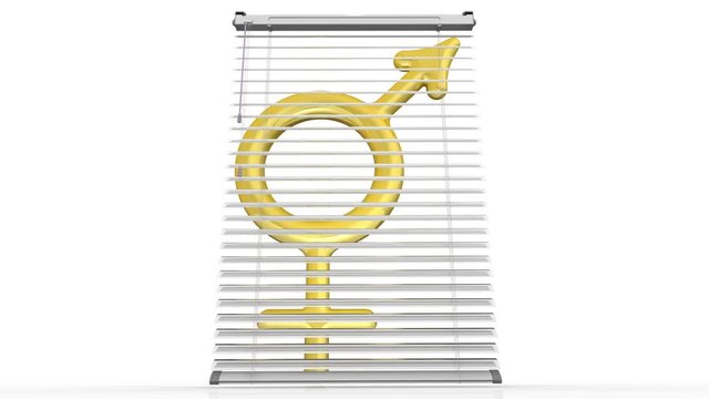 Hidden symbol of bigender. The golden symbol of the bigender stands behind opening and closing blinds. Footage video
