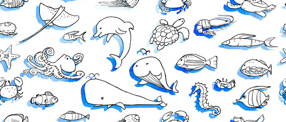 Seamless pattern of underwater life ink doodles with watercolor texture. Sea animals and fish. Vector stock set. Cute icons. For printed materials. Ocean background. Hand drawn design elements. - 284282458