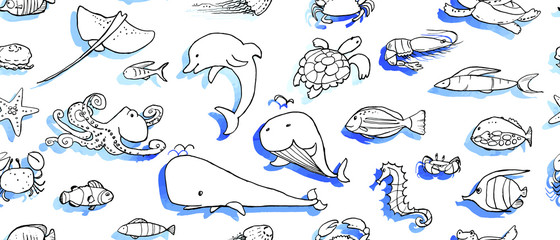 Seamless pattern of underwater life ink doodles with watercolor texture. Sea animals and fish. Vector stock set. Cute icons. For printed materials. Ocean background. Hand drawn design elements.