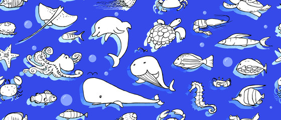 Seamless pattern of underwater life ink doodles with watercolor texture. Sea animals and fish. Vector stock set. Cute icons. For printed materials. Ocean background. Hand drawn design elements.