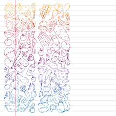 Healthy food and cooking. Fruits, vegetables, household. Doodle vector set.