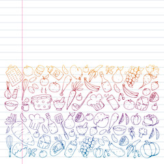 Healthy food and cooking. Fruits, vegetables, household. Doodle vector set.