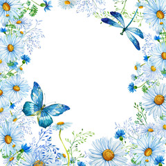 Flower background of wildflowers,daisies,butterflies,dragonflies,wildflowers .Watercolor illustration,isolated background