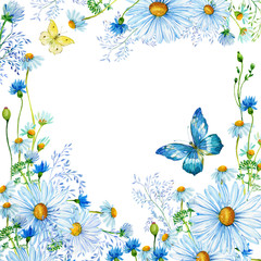 Naklejka na ściany i meble Flower background of wildflowers,daisies,butterflies,wildflowers .Watercolor illustration,isolated background