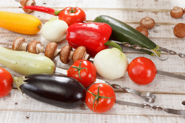 Seasonal vegetables on a barbecue skewer.