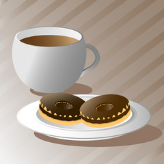 Breakfast chocolate donuts tea tableware vector illustration
