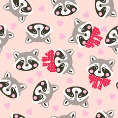 Seamless pattern with funny raccoons with red bows. Print for babies pajamas.