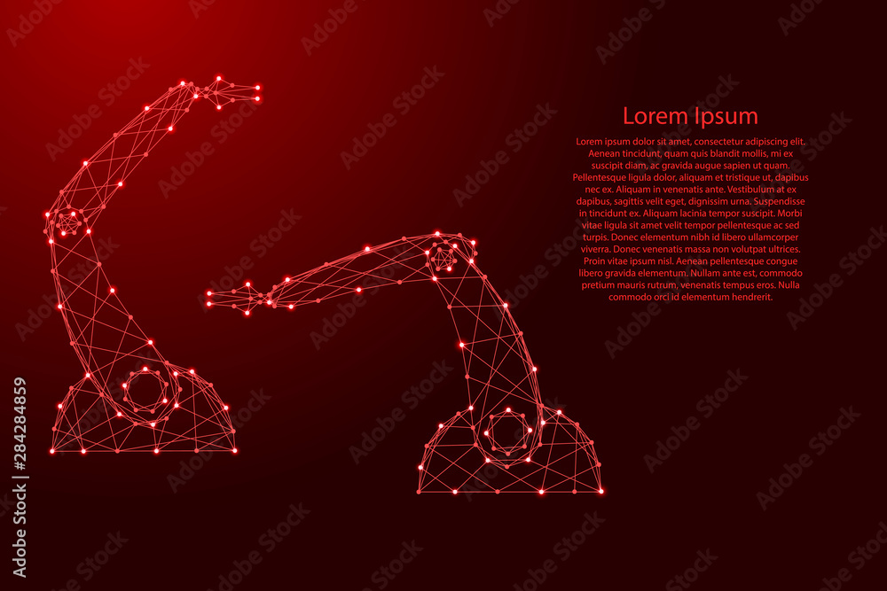 Poster hands of manipulators of the robot from futuristic polygonal red lines and glowing stars for banner,