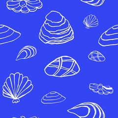 Collection of sea shell ink doodles on white backdrop. Seamless pattern. Endless texture. Can be used for printed materials. Underwater holiday background. Hand drawn design elements. Sea life print.