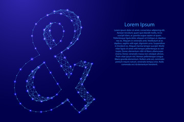 Ampersand sign from futuristic polygonal blue lines and glowing stars for banner, poster, greeting card. Vector illustration.