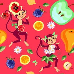 Funny monkeys with fruits and flowers. Bright seamless pattern for children. Print with tropical motifs.