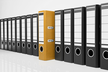 large row of black office folders with one golden binder, conceptual archive 3D Illustration