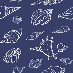 Collection of sea shell ink doodles on white backdrop. Seamless pattern. Endless texture. Can be used for printed materials. Underwater holiday background. Hand drawn design elements. Sea life print.