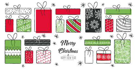 Set of hand drawn modern christmas gifts. Decoration isolated elements. Doodles and sketches vector illustration