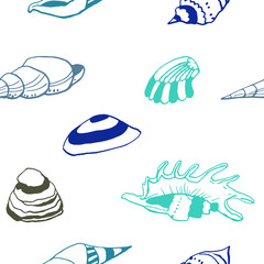 Collection of sea shell ink doodles on white backdrop. Seamless pattern. Endless texture. Can be used for printed materials. Underwater holiday background. Hand drawn design elements. Sea life print.