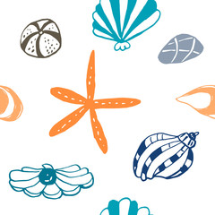 Collection of sea shell ink doodles on white backdrop. Seamless pattern. Endless texture. Can be used for printed materials. Underwater holiday background. Hand drawn design elements. Sea life print.