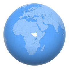 South Sudan on the globe. Earth centered at the location of the Republic of South Sudan. Map of South Sudan. Includes layer with capital cities.