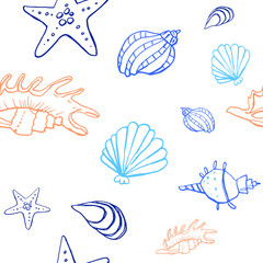 Collection of sea shell ink doodles on white backdrop. Seamless pattern. Endless texture. Can be used for printed materials. Underwater holiday background. Hand drawn design elements. Sea life print.