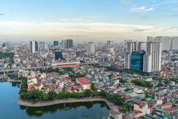 Aerial skyline view of Hanoi. Hanoi cityscape at twilight at Thanh Cong lake, Ba Dinh district