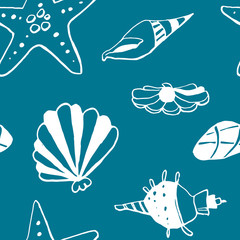 Fototapeta na wymiar Collection of sea shell ink doodles on white backdrop. Seamless pattern. Endless texture. Can be used for printed materials. Underwater holiday background. Hand drawn design elements. Sea life print.