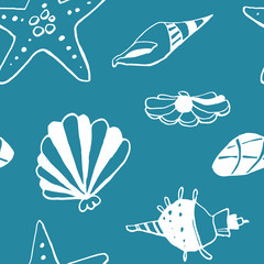 Collection of sea shell ink doodles on white backdrop. Seamless pattern. Endless texture. Can be used for printed materials. Underwater holiday background. Hand drawn design elements. Sea life print.