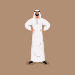 Arab handsome bearded man in traditional white clothes in friendly pose. Vector illustration in cartoon style