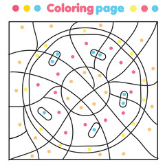 Yummy donut coloring page. Color by dots, printable activity. Worksheet for toddlers and pre school age. Children educational game