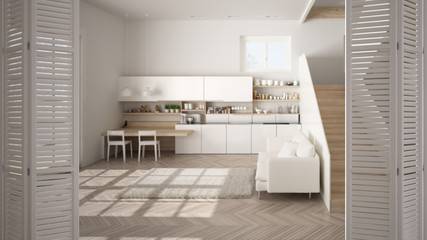 White folding door opening on modern white kitchen with wooden details and parquet floor, modern staircase, white interior design, architect designer concept, blur background
