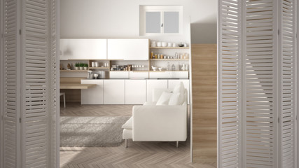 White folding door opening on modern white kitchen with wooden details and parquet floor, modern staircase, white interior design, architect designer concept, blur background