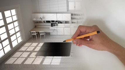 Architect interior designer concept: hand drawing a design interior project while the space becomes real, modern white and wooden kitchen with wooden staircase and carpet fur
