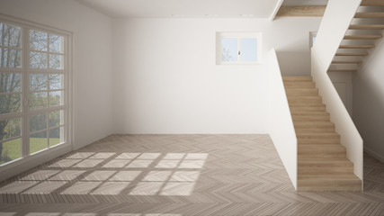 Empty room interior design, open space with white walls, modern style, parquet floor, wooden staircase, minimalist contemporary architecture, concept, mock-up, architecture idea