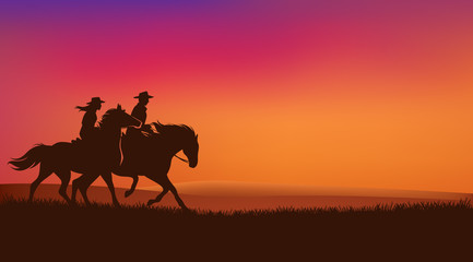 Fototapeta na wymiar cowgirl and cowboy riding horses in romantic sunset prairie field - wild west rangers vector silhouette design