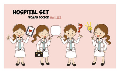 Woman doctor cartoon style set. illustration isolated. Hospital set. medical activities. Vol.02