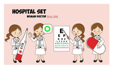 Woman doctor cartoon style set. illustration isolated. Hospital set. medical activities. Vol.04