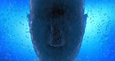 Fototapeta premium Abstract Bionic Robot Head With Symbols And Letters - Technology Related 3D Illustration Render Concept